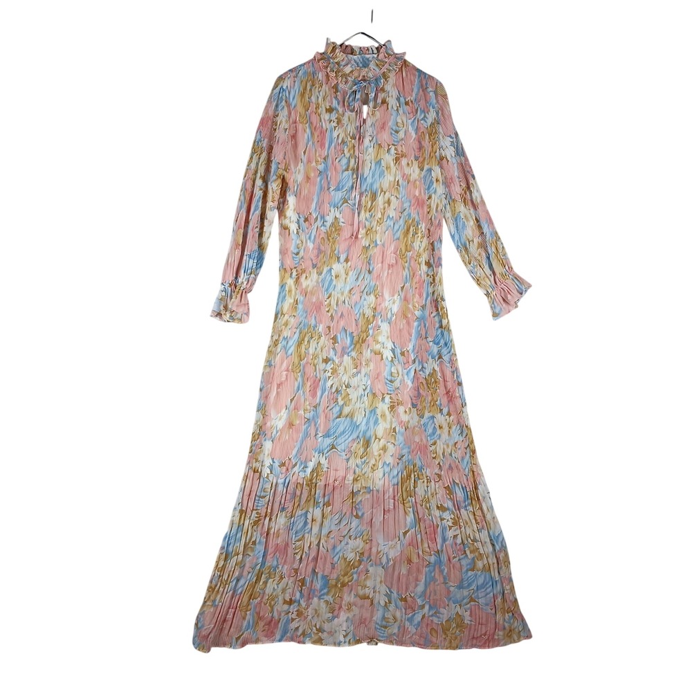 Mamitoko Desiree Maxi Dress XL Pink Beige Floral Pleat Chiffon Long Sleeve Flowy